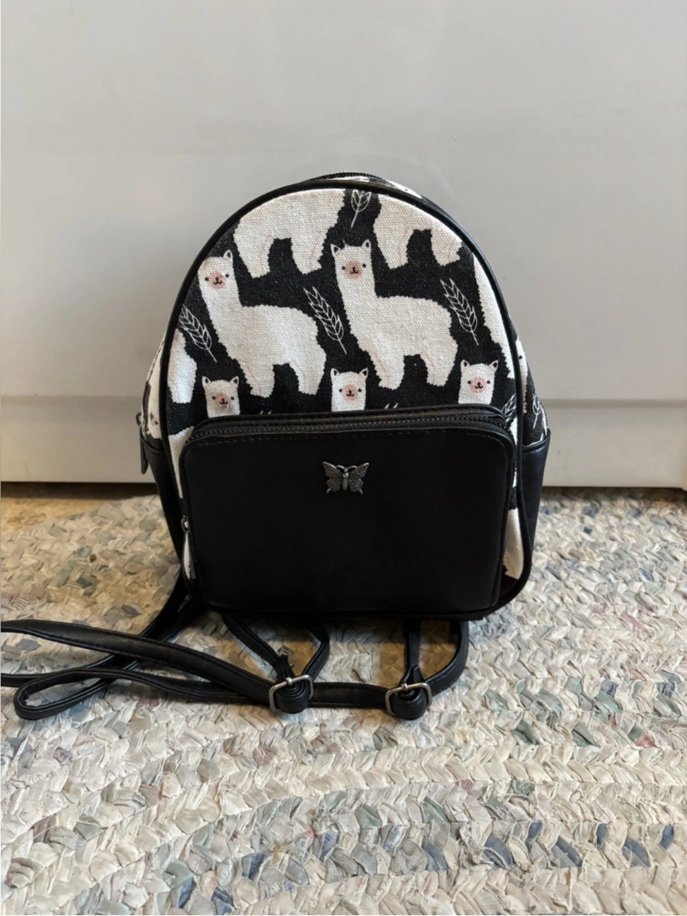 Mini Llama Backpack Purse Black & White Canvas and Faux Leather w/ Wallet Pocket